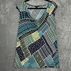 Sami & Jo XL Shirt Top Blue Green Geometric Sleeveless Cowl Neck Stretch Womens